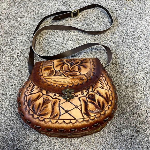 Vintage Brown Tooled Leather Handbag - Picture 1 of 9